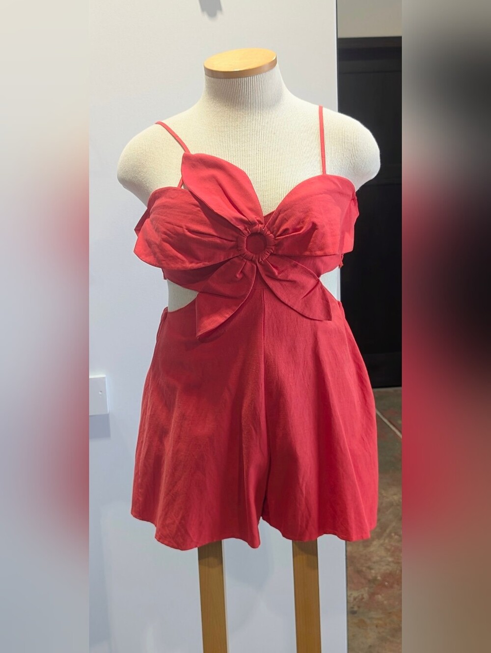 Red Floral Ring-Front Romper with Spaghetti Straps